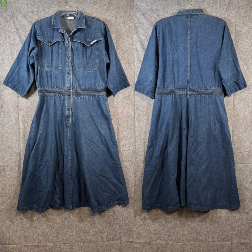 VTG Denim Shirt Dress Womens Large Elastic Waist Flap Pockets 90s Western Midi